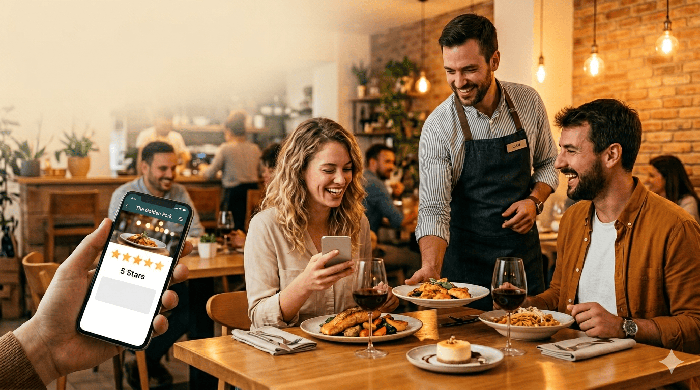 Restaurant staff serving happy customers leading to positive 5-star reviews online