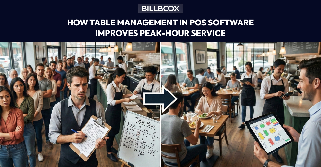 Restaurant staff using POS table management system to manage seating and orders during peak hours