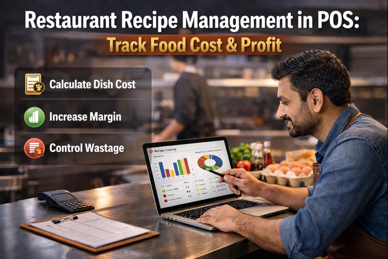 Restaurant manager analyzing recipe costing and food cost data using POS software