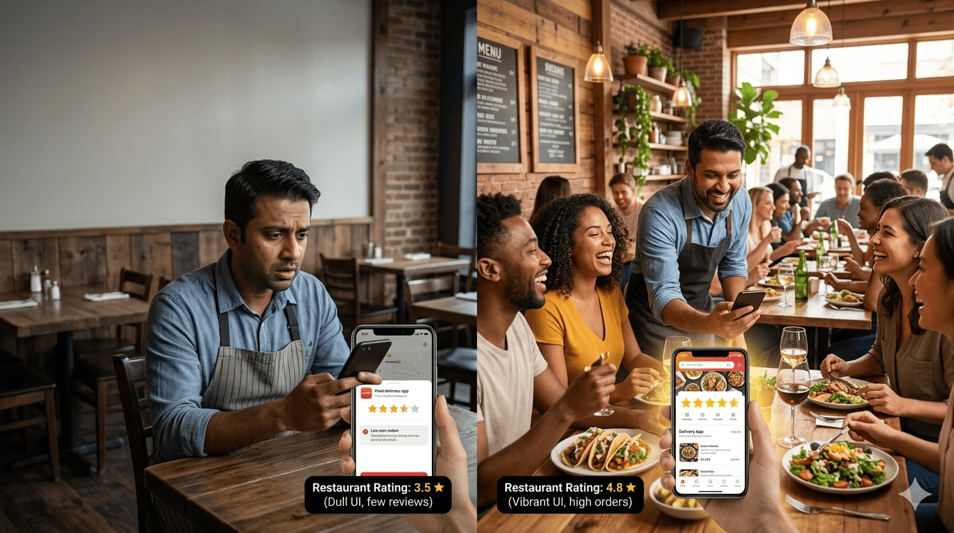 Restaurant owner checking low rating on Zomato and Swiggy and improving customer reviews